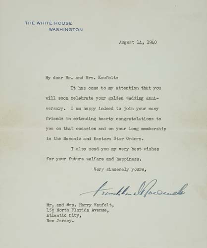 Appraisal: ROOSEVELT FRANKLIN D Typed Letter Signed as President to Mr