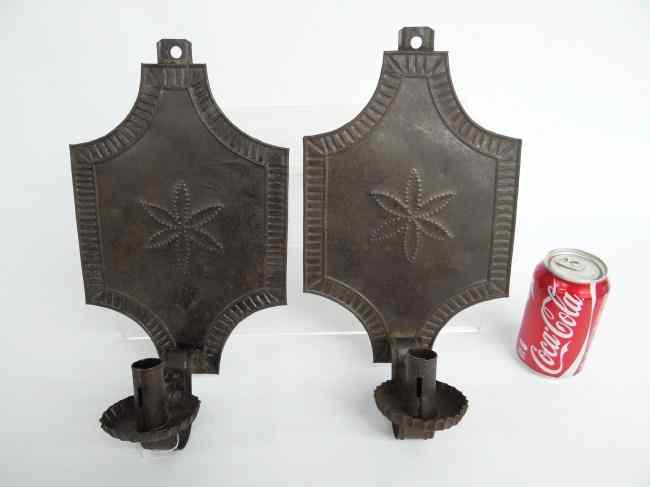 Appraisal: Pair punch decorated tin wall sconces '' W '' Ht