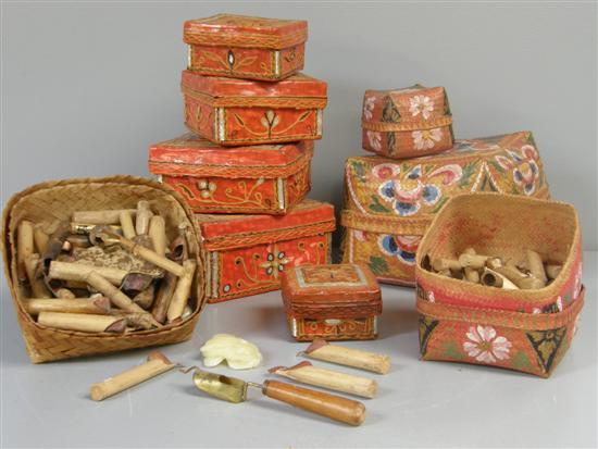 Appraisal: Painted woven boxes and covers some containing wax applicators and