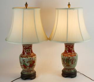 Appraisal: Pair of painted ceramic oriental lamps on wooden bases h