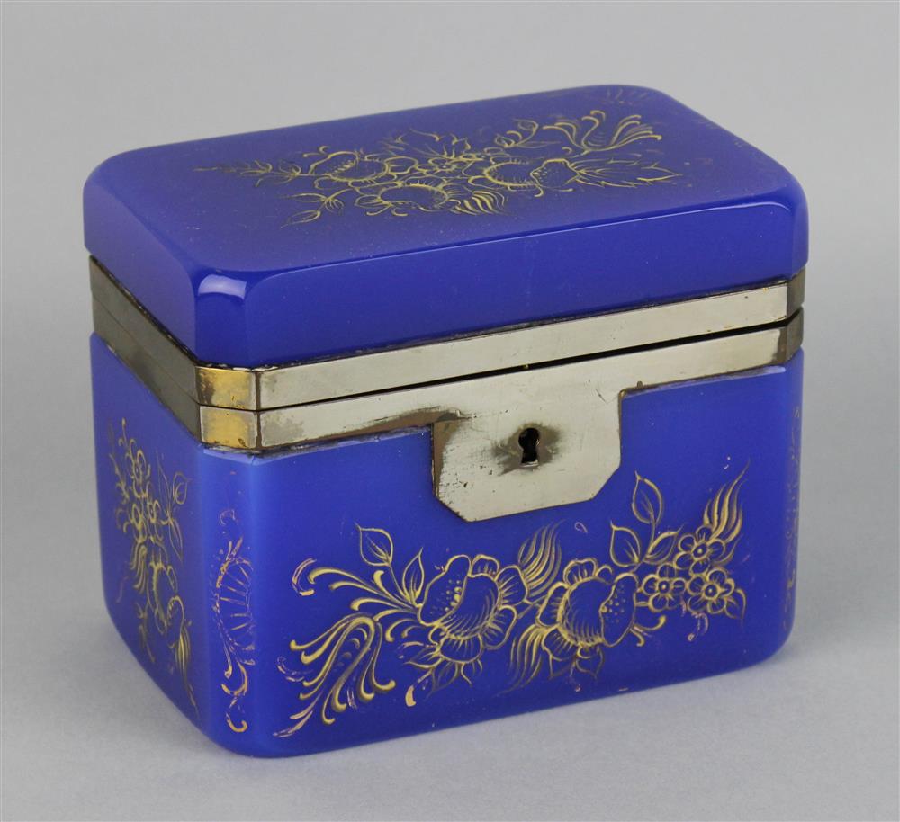 Appraisal: CONTINENTAL GILT METAL MOUNTED OPAQUE BLUE GLASS BOX late th