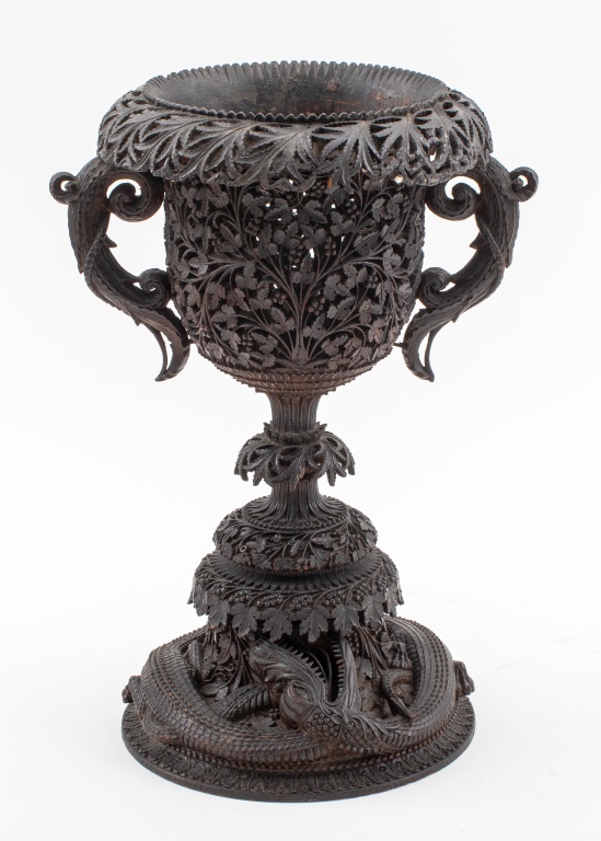 Appraisal: ANGLO-INDIAN BURMESE CARVED WOOD CHALICE Antique Anglo-Indian Burmese hardwood chalice