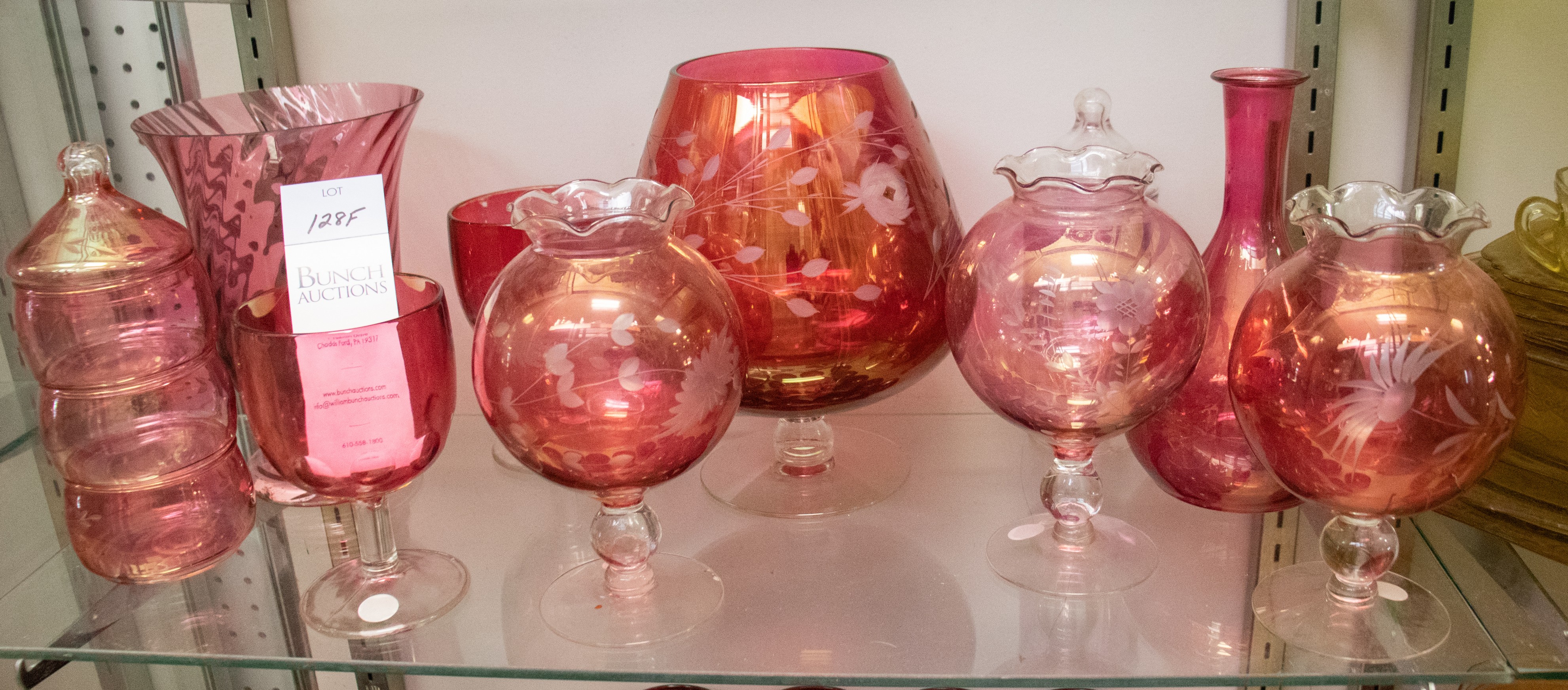 Appraisal: Pcs etched cranberry glass c o footed rose bowls -