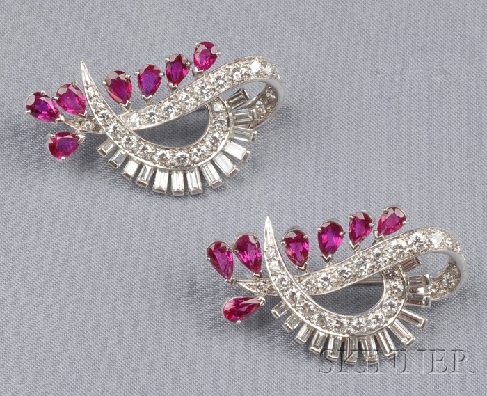 Appraisal: Pair of Palladium Ruby and Diamond Brooches Tiffany Co c