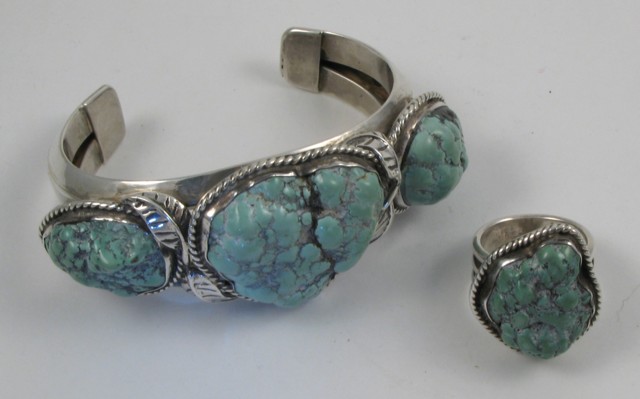 Appraisal: NAVAJO STERLING SILVER CUFF BRACELET RING with Sea Foam Turquoise