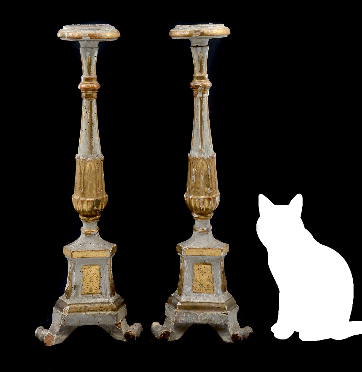 Appraisal: PAIR EARLY CARVED AND GILDED WOOD CANDLESTICKS th century or