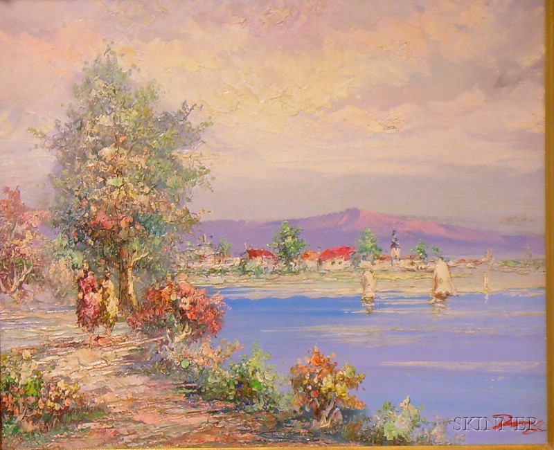 Appraisal: Framed Oil on Canvas Springtime Coastal Landscape inscribed Dong l