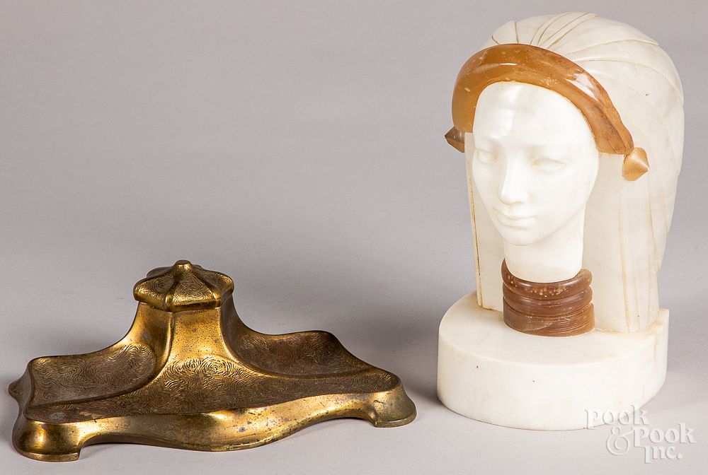 Appraisal: Art Deco marble bust together with an inkwell Art Deco