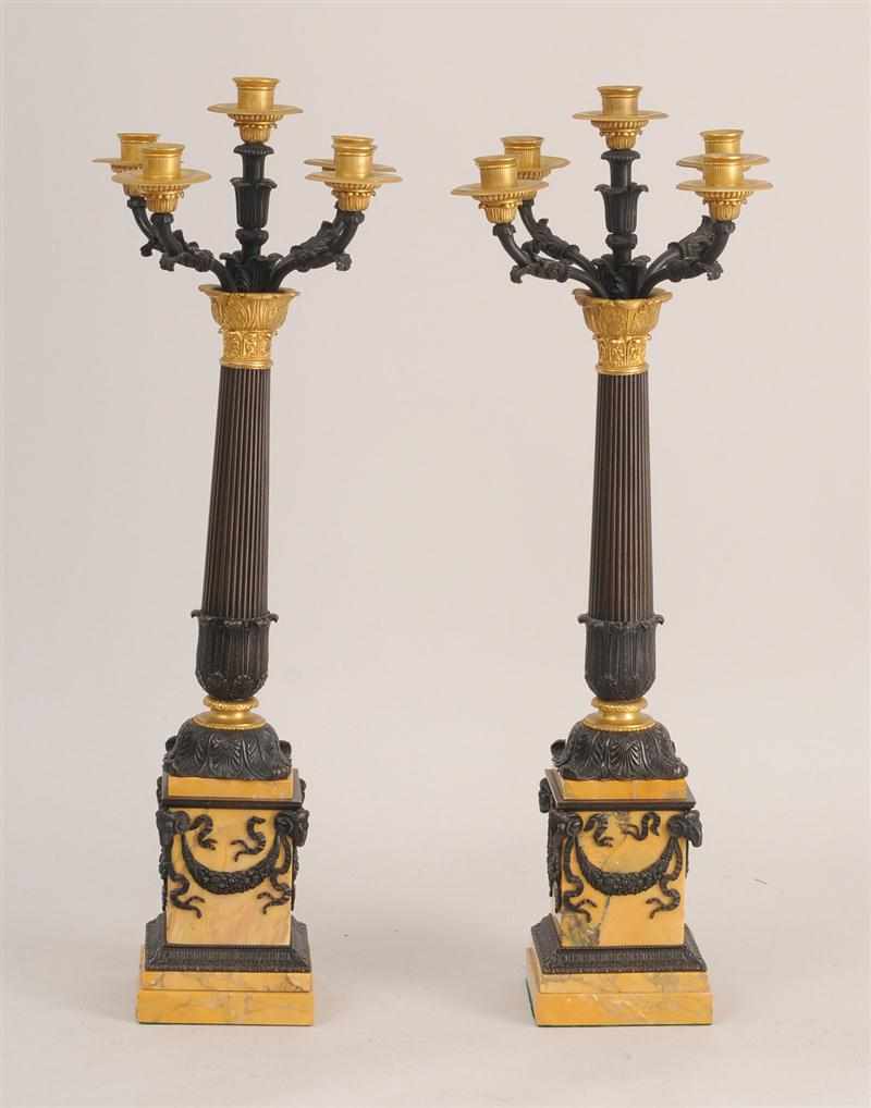 Appraisal: PAIR OF CHARLES X STYLE PATINATED AND GILT-BRONZE AND SIENA