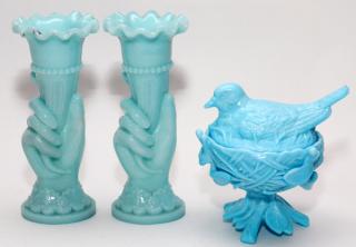 Appraisal: BLUE OPAQUE GLASS NESTING BIRD DISH PAIR OF VASES BLUE