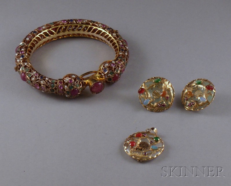 Appraisal: Indian Gilt-metal and Gemstone Bangle and a kt Gold Jade