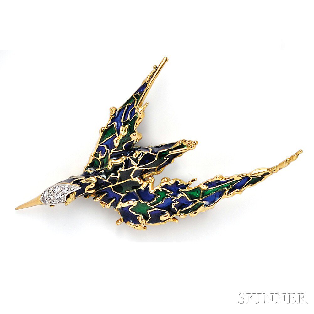 Appraisal: kt Gold Plique-a-Jour Enamel and Diamond Bird Brooch France with