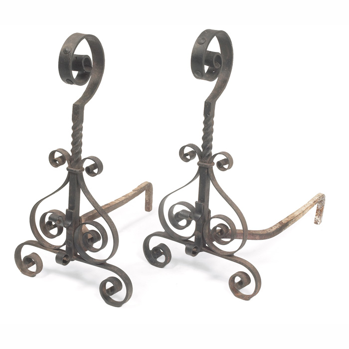 Appraisal: Arts Crafts andirons in wrought iron twisted and curled design