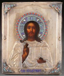 Appraisal: RUSSIAN ICON SILVER AND ENAMELED OKLAD A RUSSIAN ICON OF