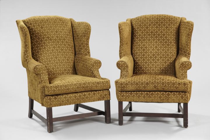 Appraisal: Pair of George III-Style Upholstered and Mahogany Wing Chairs each