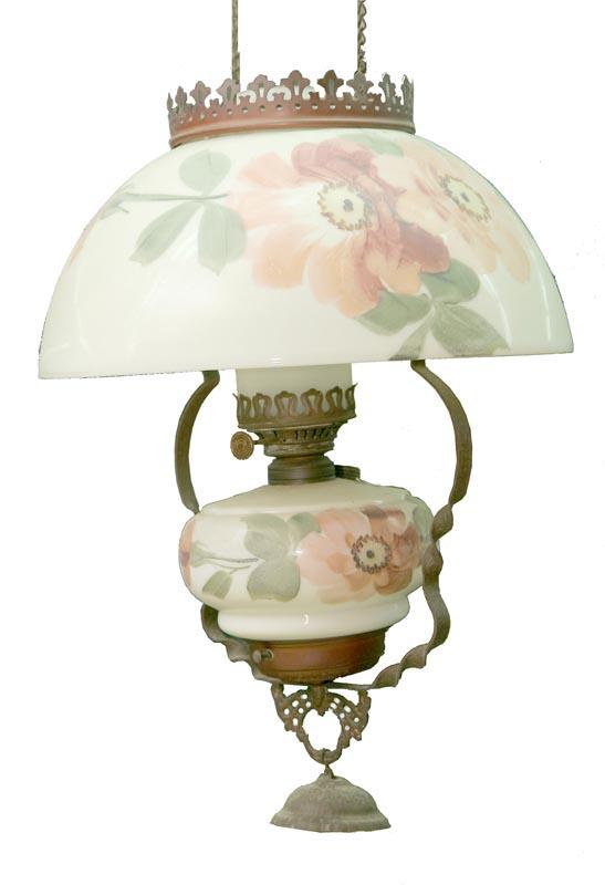 Appraisal: HANGING LIGHT Handpinted with floral decoration over milk glass with