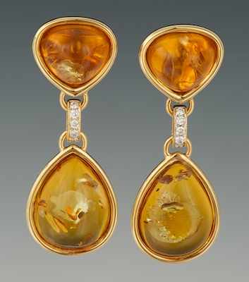 Appraisal: A Pair of Amber and Diamond Earrings k yellow gold