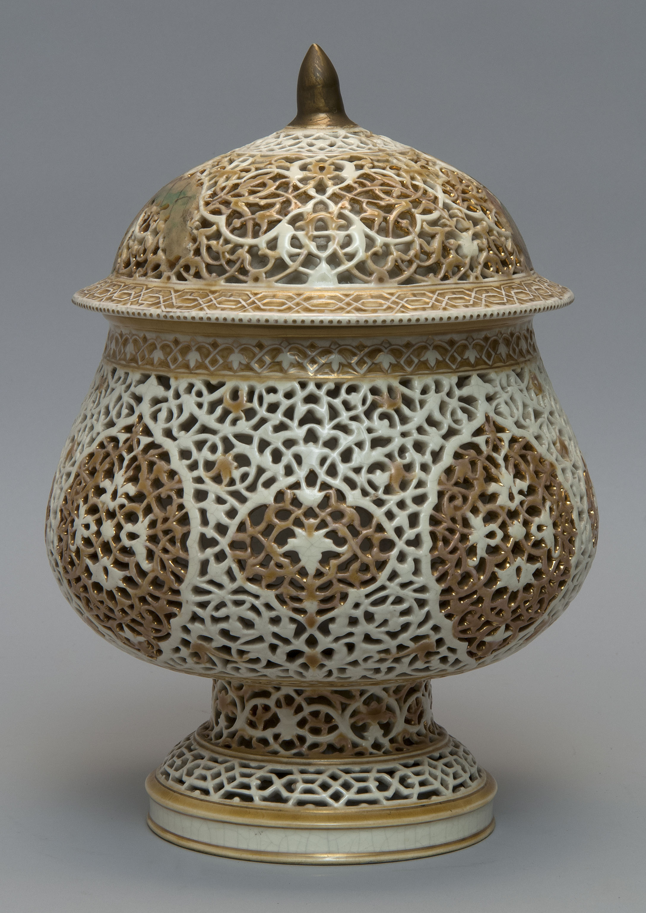 Appraisal: ZSOLNAY MOORISH-STYLE COVERED URN Hungary Late th Early th CenturyAllover