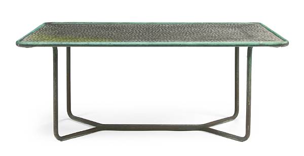 Appraisal: A Walter Lamb tubular bronze and textured glass low table