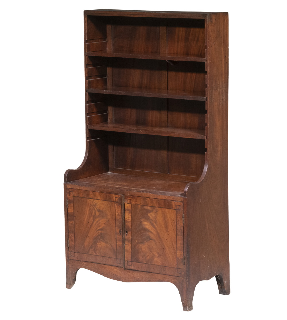 Appraisal: CHILD-SIZE MAHOGANY CUPBOARD th c Diminutive Stepback Cupboard with crossbanded