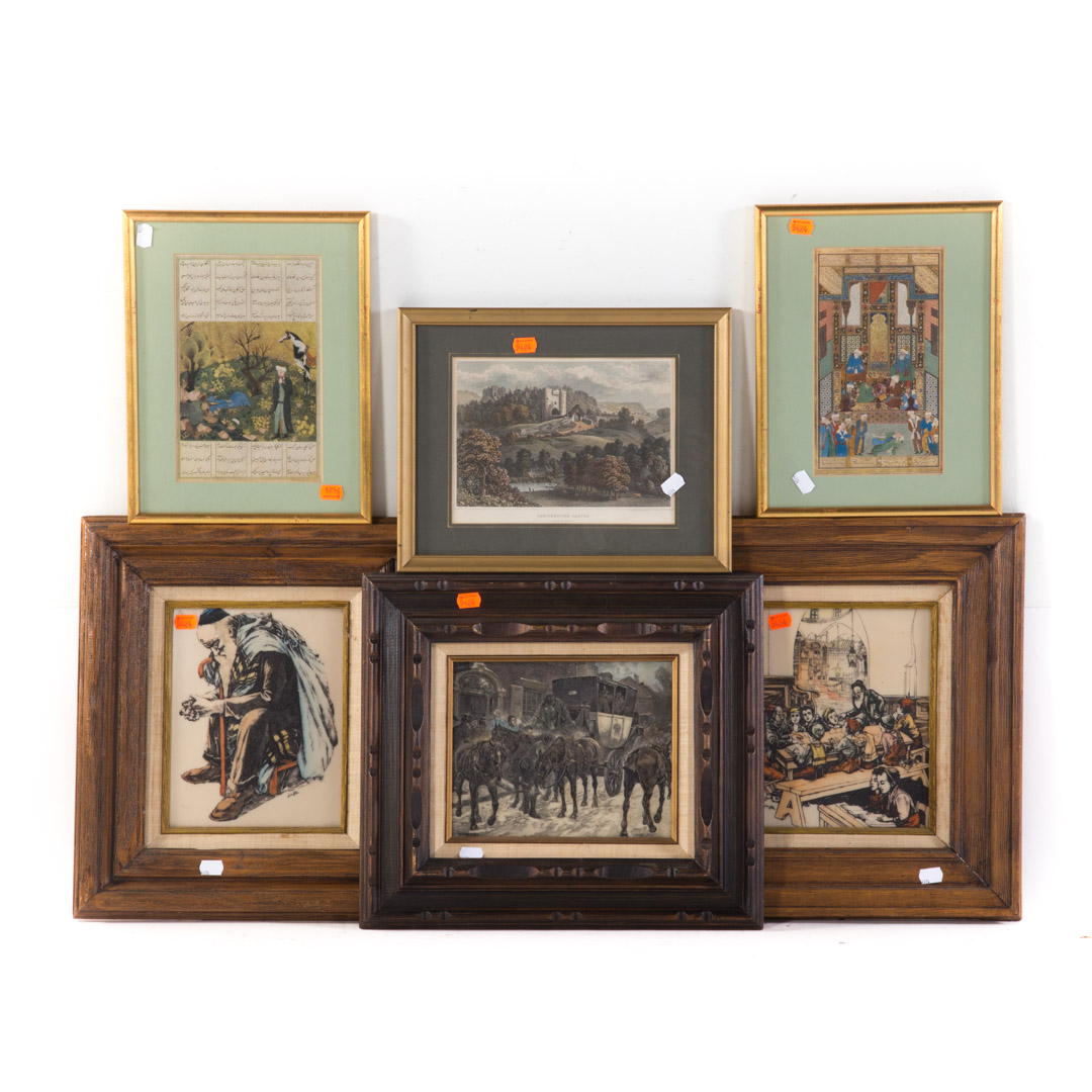 Appraisal: Six assorted framed items including three composition scenic plaques two