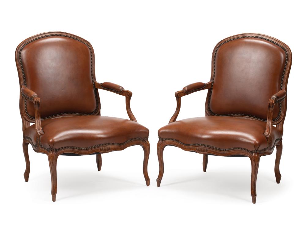 Appraisal: Pair of Large Louis XV-Style Fauteuils shield backs serpentine seats