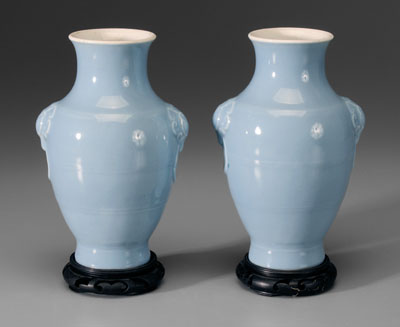 Appraisal: Pair Lavender-Blue Porcelain Vases Chinese th century bodies with molded