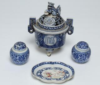 Appraisal: Vintage Chinese Blue White Porcelain Items A brazier-form censer with