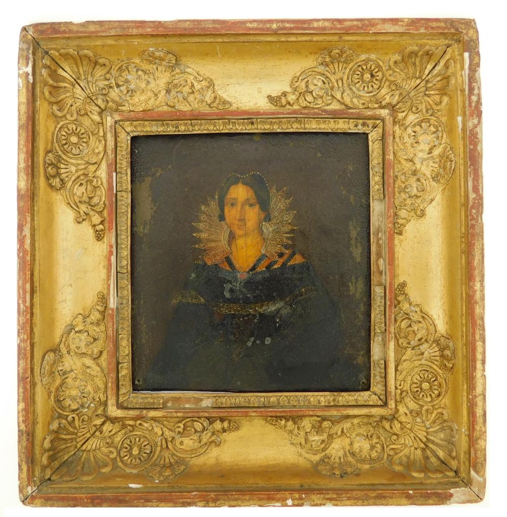 Appraisal: MINIATURE Woman rectangular support dark hair with strand of pearls