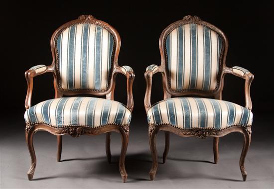 Appraisal: Pair of Louis XV style carved fruitwood upholstered fauteuils th