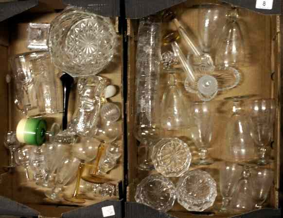 Appraisal: Two Trays of Mixed Glassware comprising Vases Glasses Candle Holders