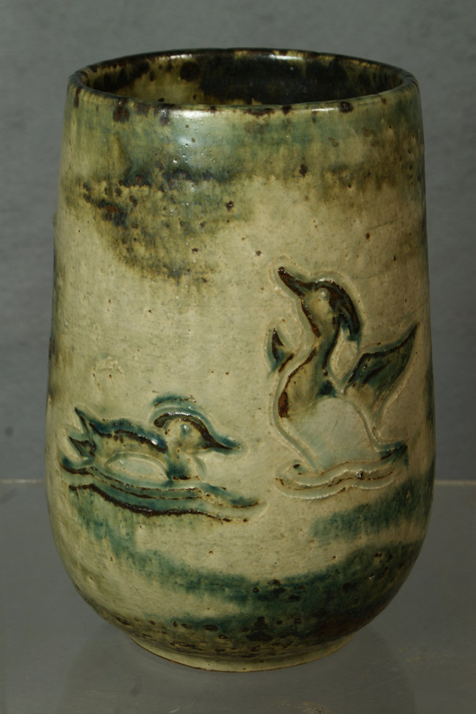 Appraisal: Royal Copenhagen art pottery vase with incised duck decoration tan