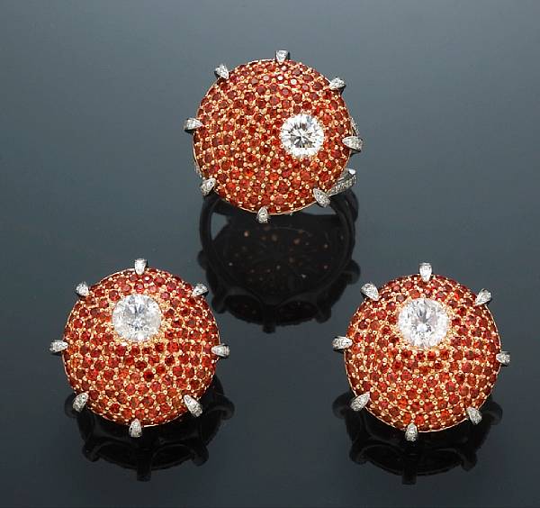 Appraisal: An orange sapphire and diamond jewelry set comprising a ring