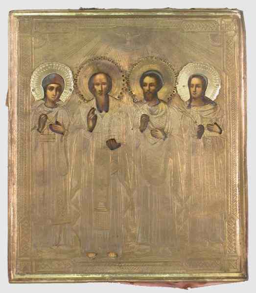 Appraisal: Russian icon depicting four saints covered in a gilt brass