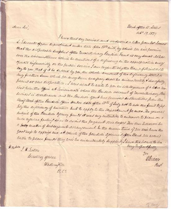 Appraisal: BIDDLE NICHOLAS Autograph Letter Signed N Biddle to Secretary of