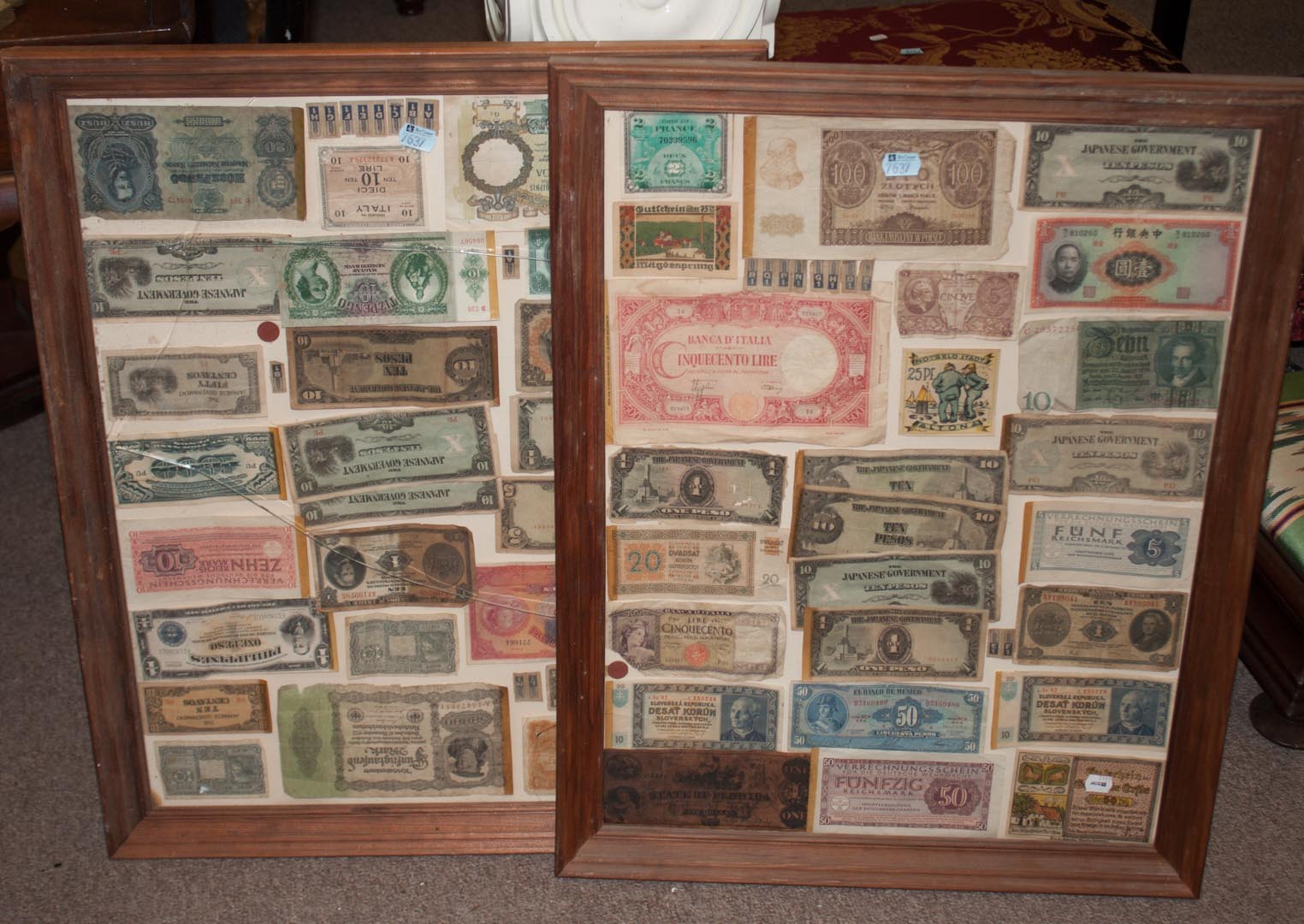 Appraisal: Two framed groups of foreign money