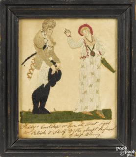 Appraisal: Amusing silk embroidery early th c depicting Paddy's Courtship or