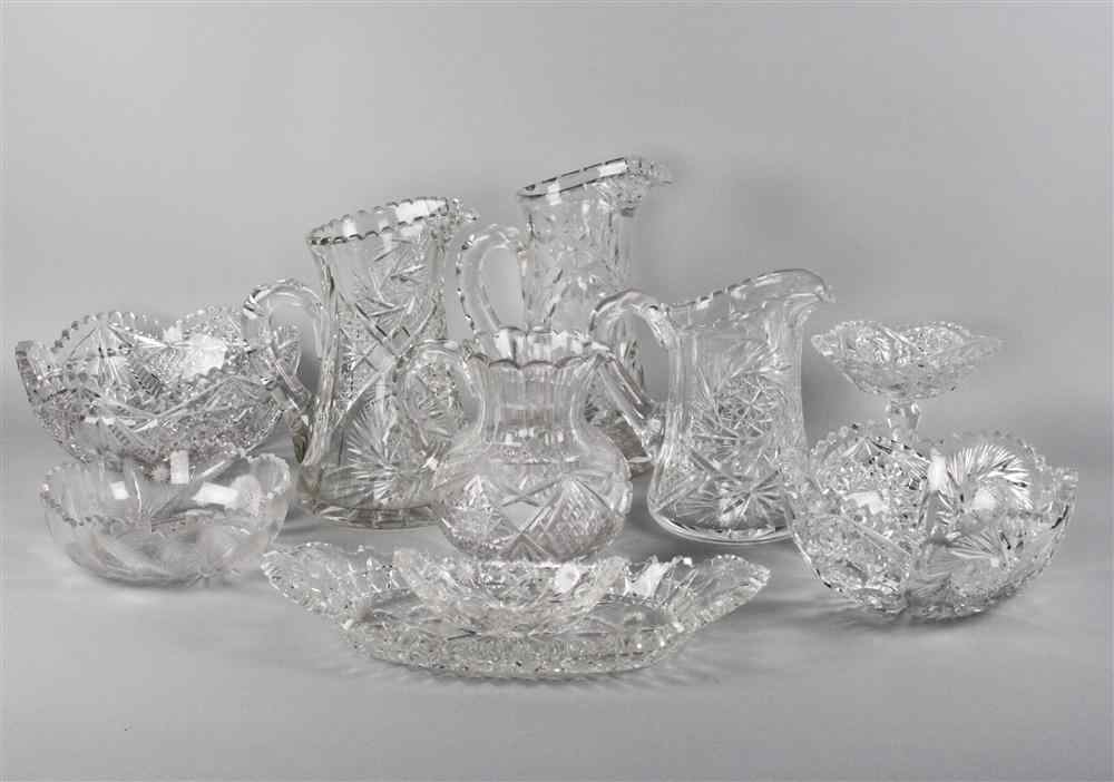 Appraisal: TEN CUT GLASS TABLEWARES including three tall waisted jugs a