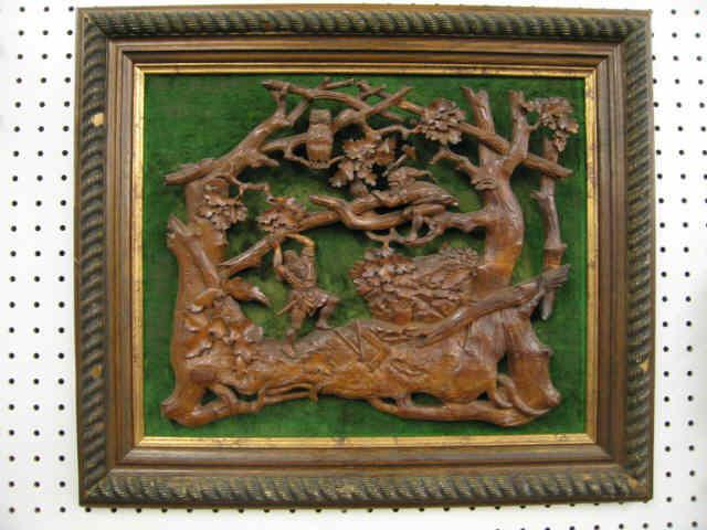 Appraisal: Black Forest Victorian Carved Wooden Plaque gnomes at work owl