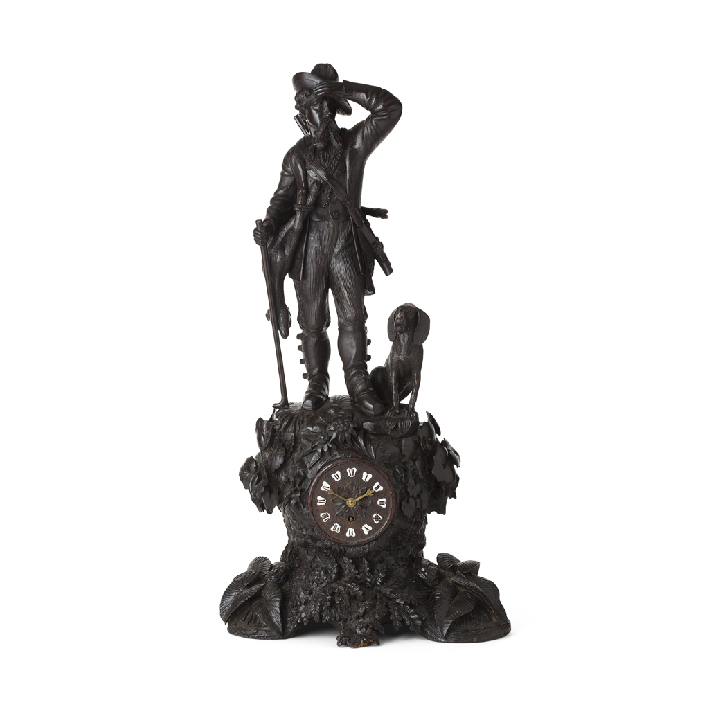 Appraisal: IMPRESSIVE LARGE BLACK FOREST MANTLE CLOCK LATE TH CENTURY carved