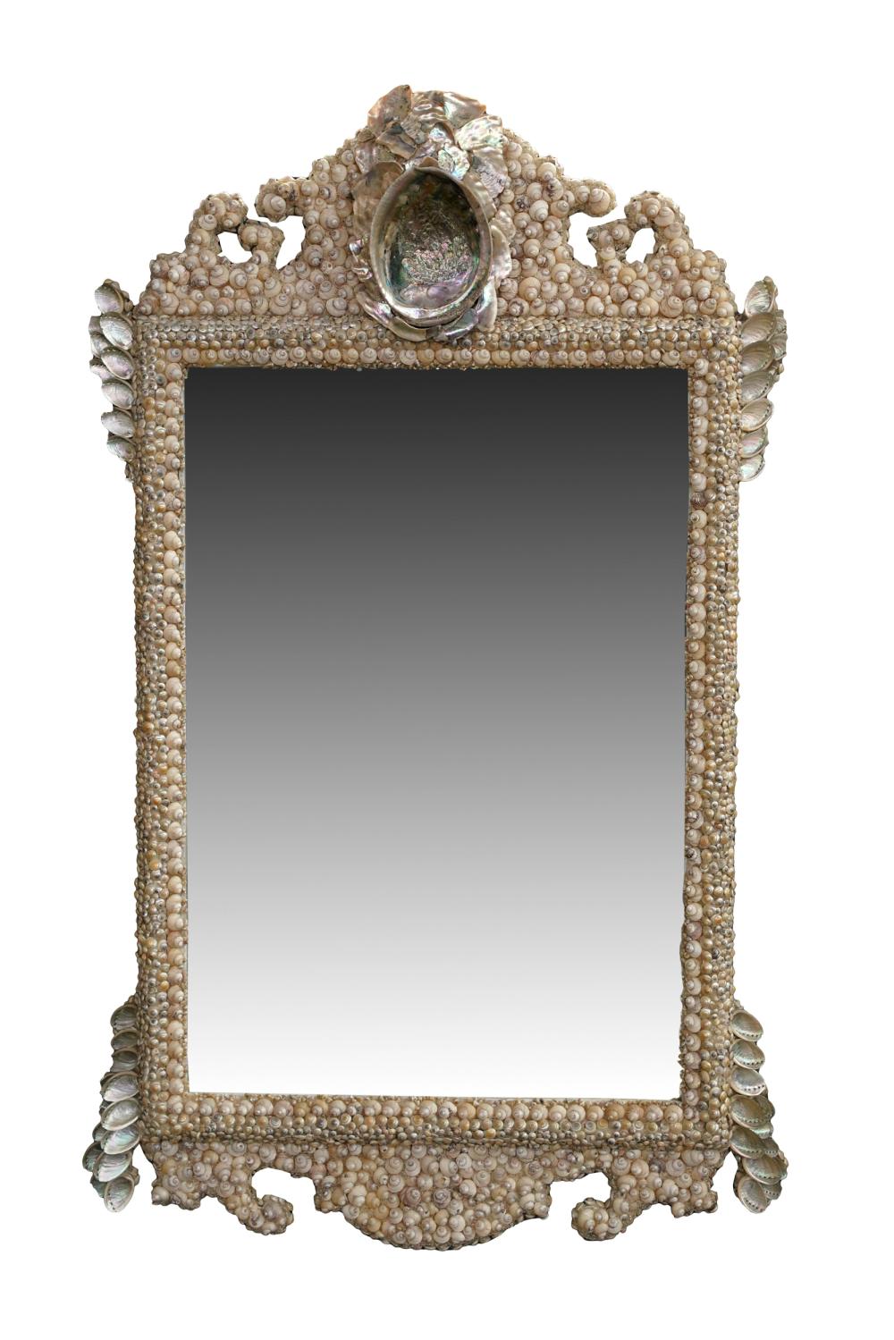 Appraisal: SHELL-ENCRUSTED WALL MIRRORwith rectangular beveled glass mirror plate Condition with