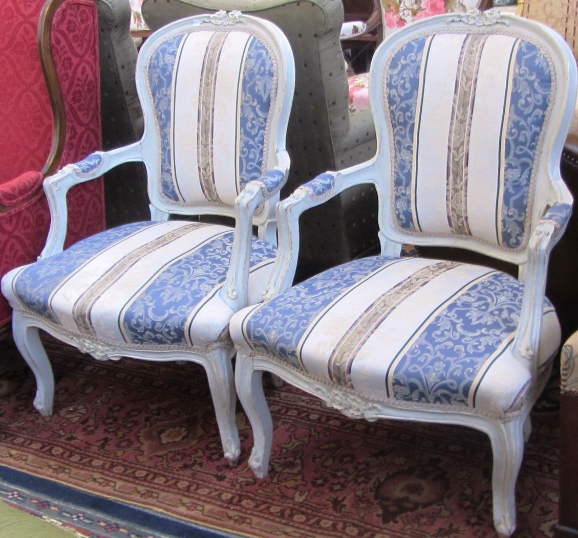 Appraisal: A pair of Louis XV white painted fauteuils on cabriole