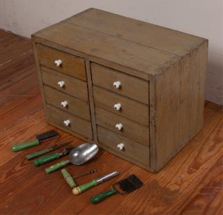 Appraisal: Painted Country Spice Chest w Utensils Painted country spice chest