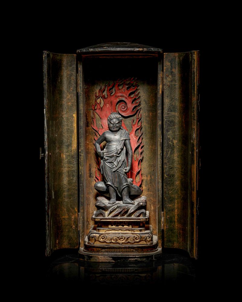 Appraisal: A Black Lacquered Shrine with a Polychrome and Black Painted