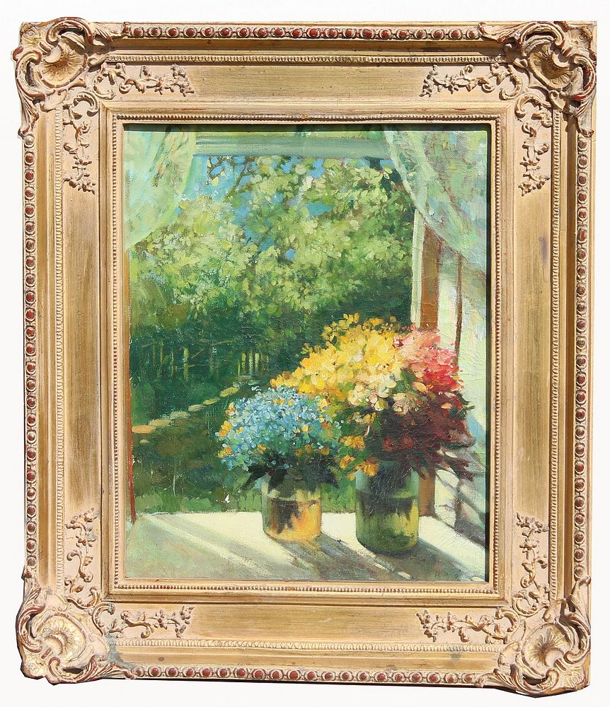 Appraisal: Wang Signed Painting of Flowers on Window Sill Wang Signed