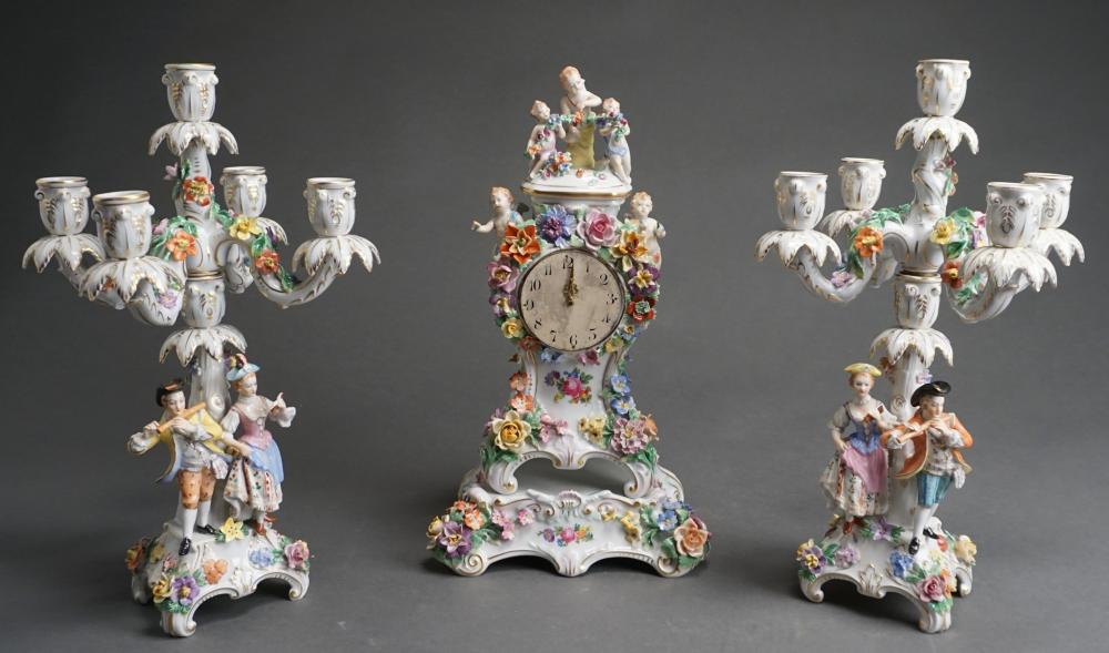 Appraisal: Dresden Porcelain Three-Piece Figural Mantle Clock Garniture H clock with