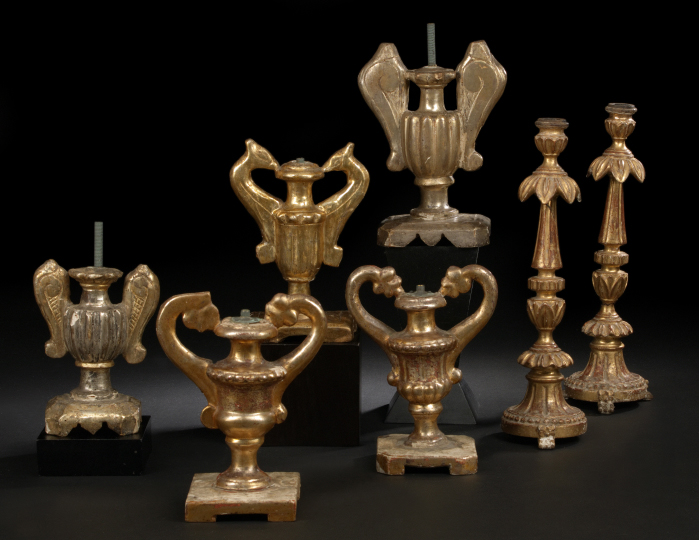 Appraisal: Italian Carved and Silvered Wood Wing-Handled Ribbed Vasiform Garniture of