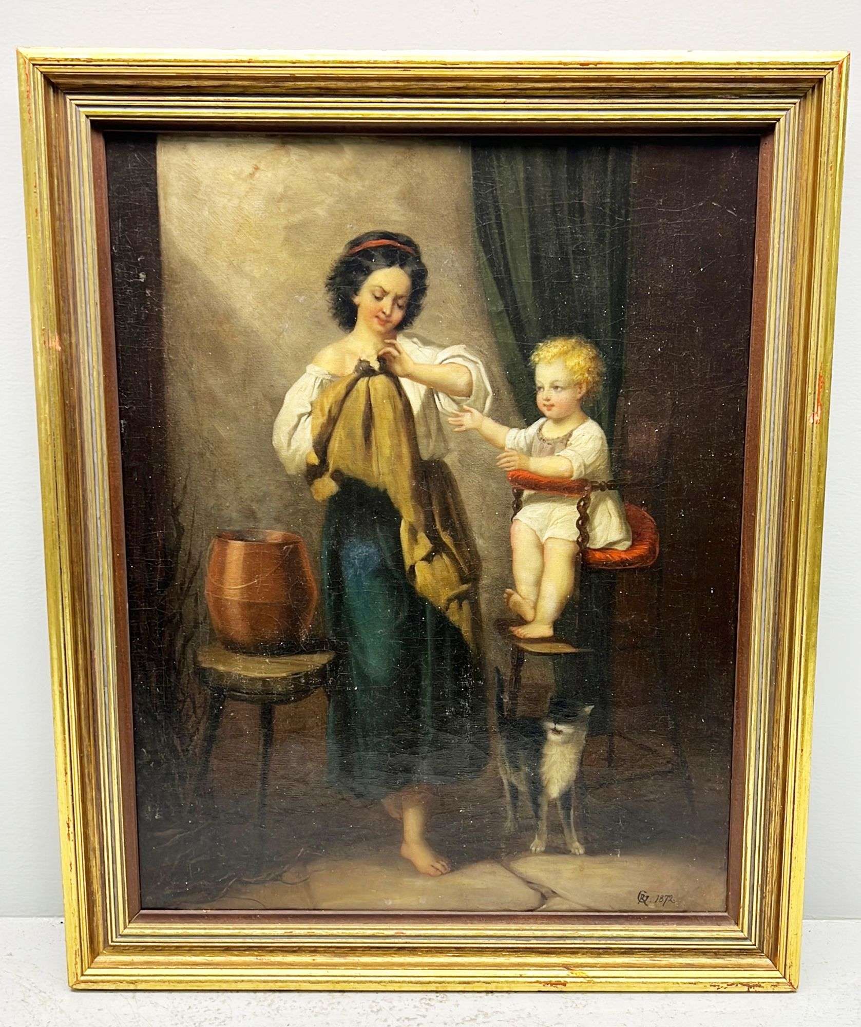 Appraisal: Oil on Canvase Genre Painting of Mother Child and Cat