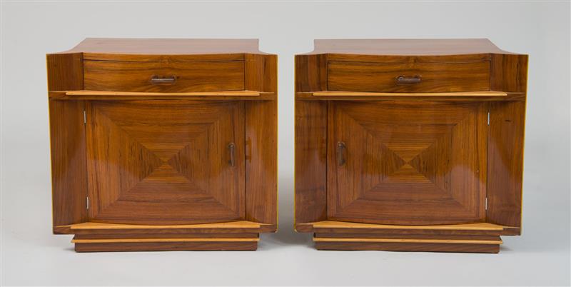 Appraisal: Pair of Night Stands Art Deco c Walnut veneer glass