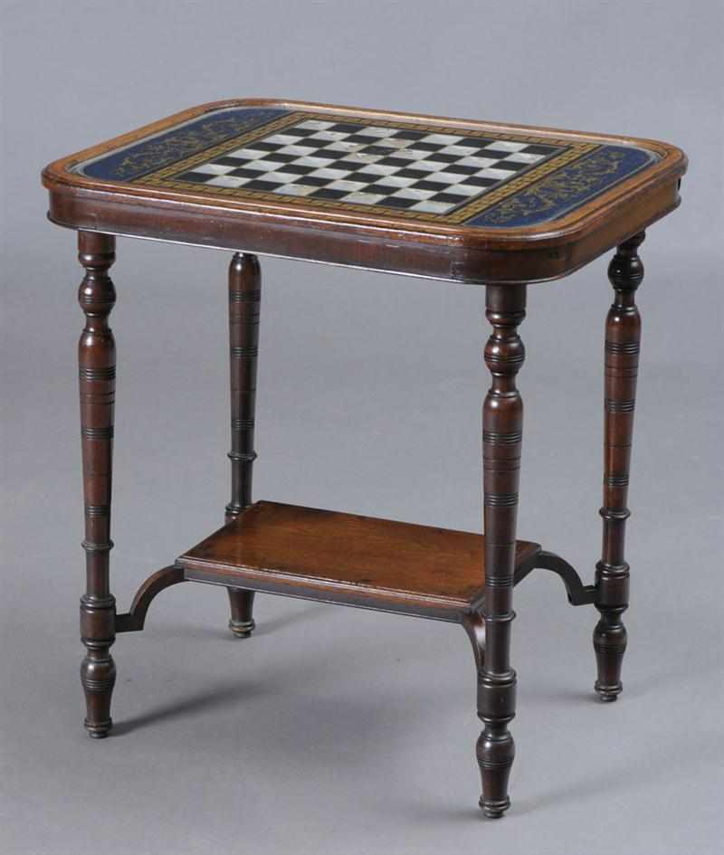 Appraisal: VICTORIAN CARVED WALNUT GAMES TABLE WITH EGLOMIS TOP The eglomis